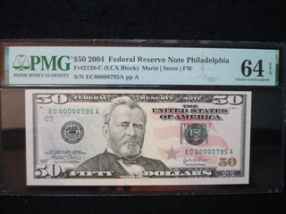 FANCY LOW SERIAL # $50 FRN PMG 64 EPQ
