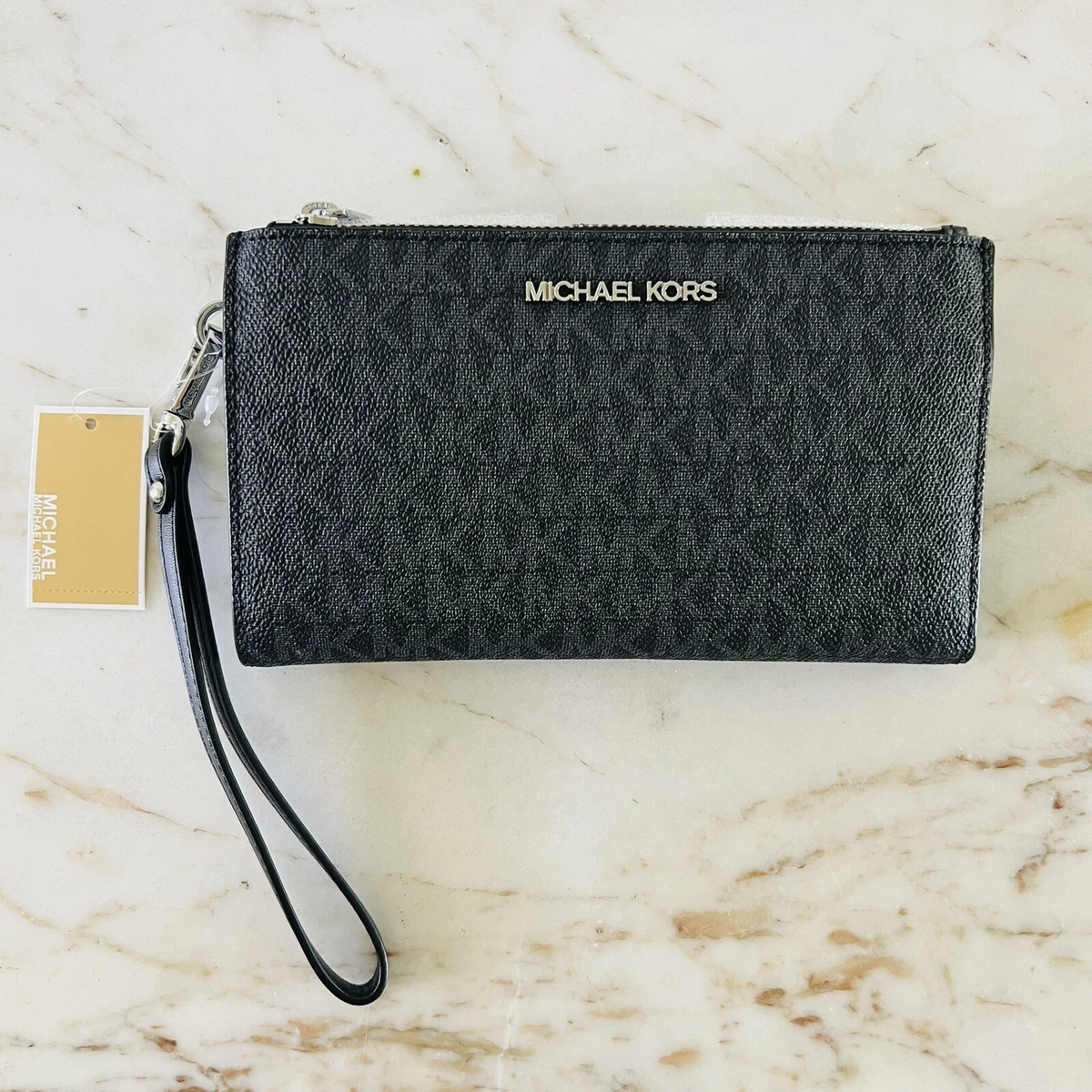 MICHAEL KORS Jet Set Travel Black Logo Print Leather Double Zip