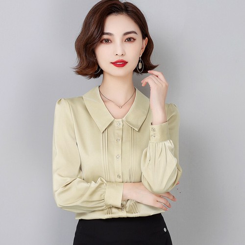 Mode Frauen Business Arbeit Büro Langarm Seide Button Down Hemd Bluse Top - Bild 11 von 38