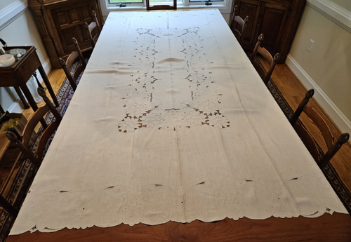 HandMade Vintage 102" x 64" Lace Cut Work Embroidery Tablecloth Off White Silver - Picture 2 of 18