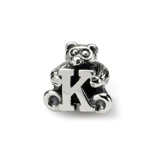 Letter K Teddy Bear Kids Bead .925 Sterling Silver Antiqued Reflection Beads