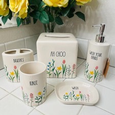 Rae Dunn Bathroom Floral Vanity Set Soap Dispenser Canister Tissue Box Cover Cup