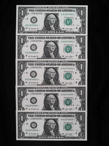 Lot 5 One Dollar Star Notes Consecutive Serial Numbers Star Notes AU Condition - Picture 2 of 17