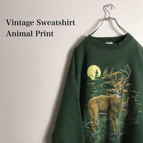 90S Used Clothes Sweat Big Animal Print Green Deer