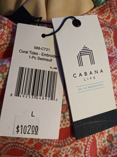 Cabana Life Size L 1 pc Bathing Suit Teal & Salmon Tag says $102.00 Cabana - Picture 9 of 14
