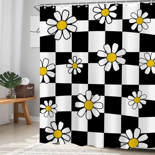 70s Retro Black White Checkered Daisy Shower Curtain 60"X72" Flower Checkerbo... - Picture 3 of 7
