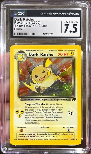 2000 Pokemon Team Rocket Dark Raichu Holo Swirl 83/82 CGC 7.5 Near Mint+