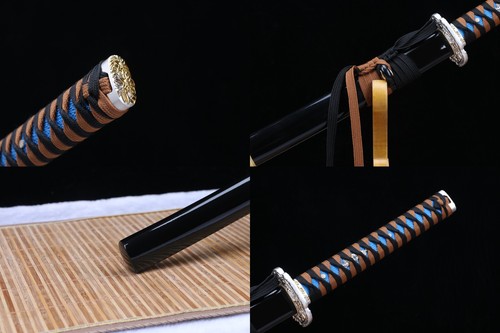 Katana Sword Bright Silver Gold Wire Carving Pattern Ancient Method Forging - Picture 2 of 11