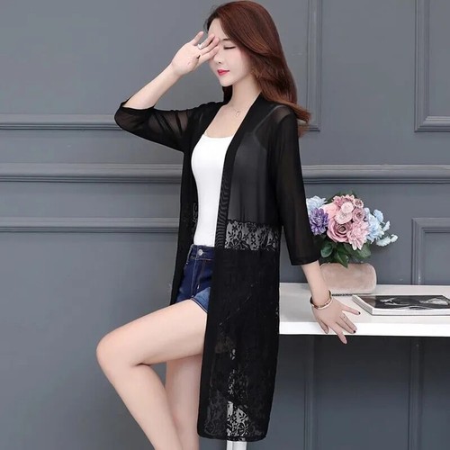 Women Lace Kimono Cardigan Coat Sheer Open Front Midi Jacket Summer Beach Top - Picture 3 of 16