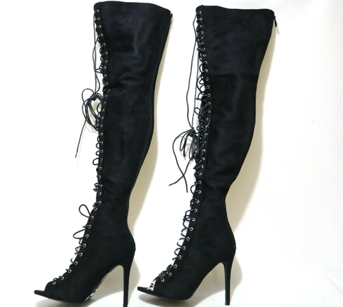 Size 10 Womens Black + Stretch & Open Toe Lace Up+Zip Thigh High Stiletto Boots - Picture 5 of 12