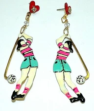 LUNCH AT THE RITZ PIERCED / POST LADY GOLFER EARRINGS DESIGNER SIGNED 3 1/4" L