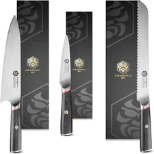 Kessaku 8" Chef, 9" Bread, 4" Paring Knife Set Spectre Series AUS-8 Steel