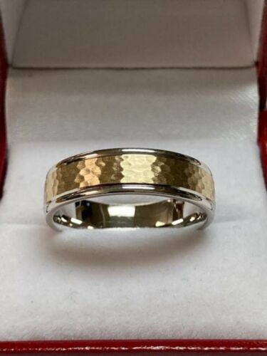  18K TWO TONE GOLD MENS WEDDING BANDS RINGS HAMMERED FINISH 6MM - Picture 1 of 1