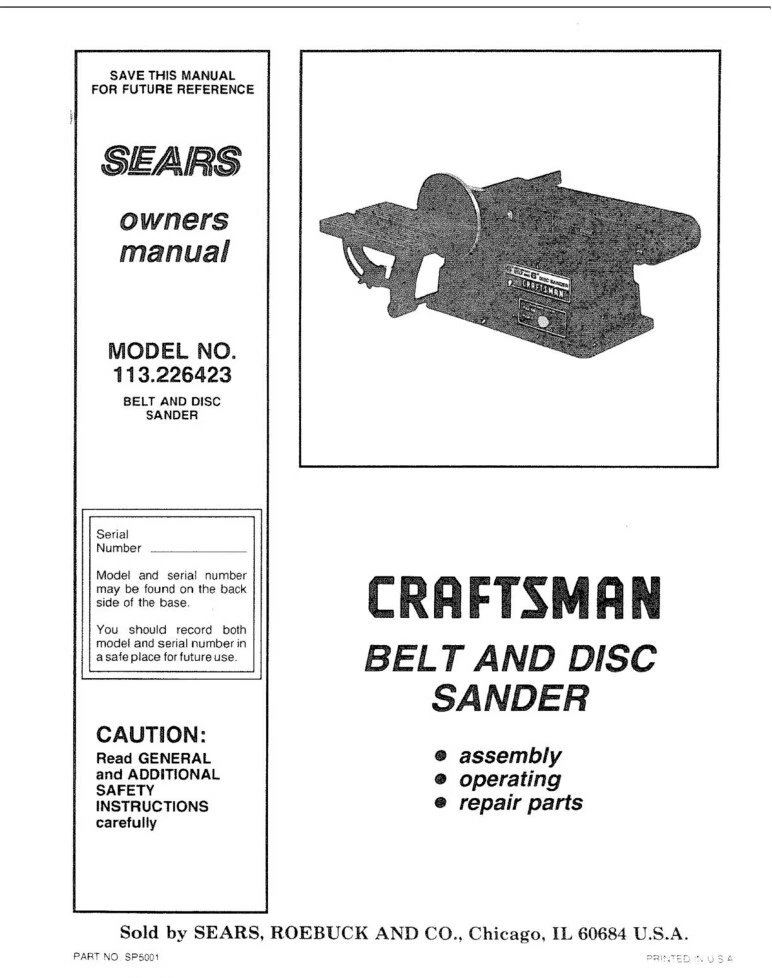 Craftsman 113.226423 Belt & Disc Sander Owners Instruction Manual