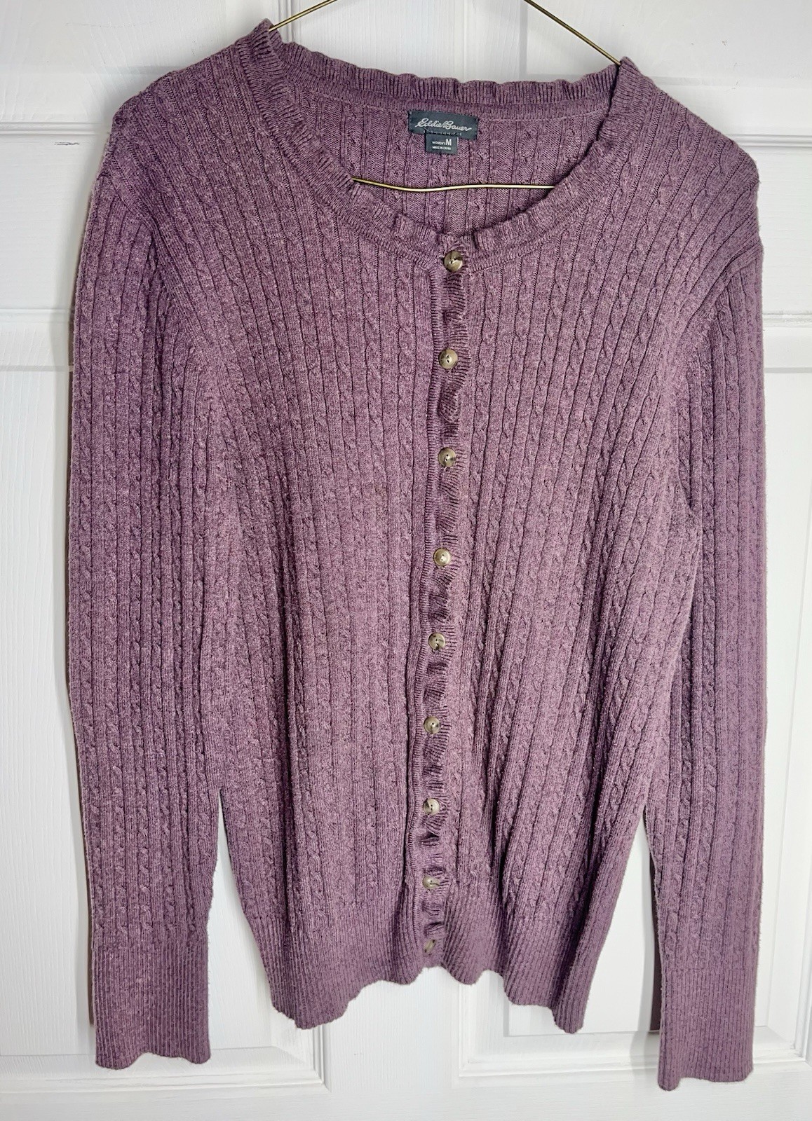 Eddie Bauer Cardigan Purple Cable Knit Button Front Sweater Cozy Women's Medium