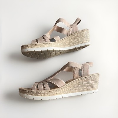 Rieker Damen Sandalen Beige Größe 40 Keilsandaletten Keilabsatz Plateau Sommer