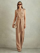 REISS Luisa Wool Blend Double Breasted Belted Jumpsuit in Stone Size US 12/UK 16