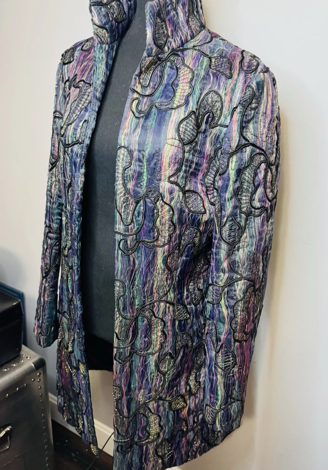 Grace Chuang Long Coat Open Front Beading Embroidered Size M Purple Black Green - Image 2 of 4