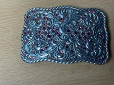 Women  s Western Cowgirl Belt Buckle Pink Rhinestone Silver Tone 4x3