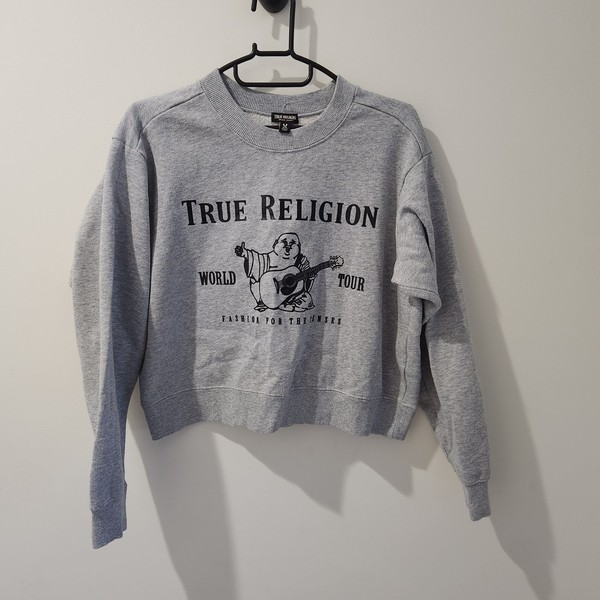 True Religion Womens Grey Crew Neck Fleece Sweatshirt Graphic Logo M