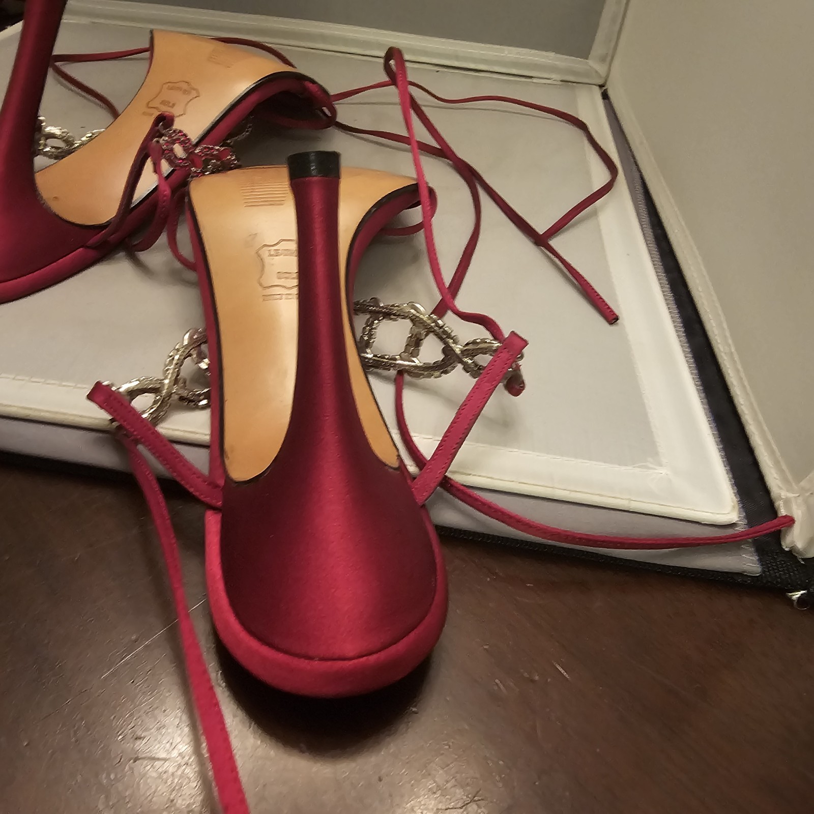 Stuart Weitzman Ruby Red Satin Gladiator 4" High … - image 18