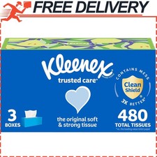 Kleenex Trusted Care Facial Tissues 3 Flat Boxes 160 Tissues/Box 2-Ply