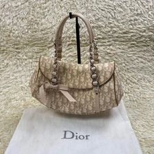 Christian Dior Trotter Romantic Chain Shoulder Handbag Beige Leather Used