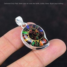 925 Sterling Silver October Ammonite Doublet Opal Gemstone Boho Pendant Jewelry