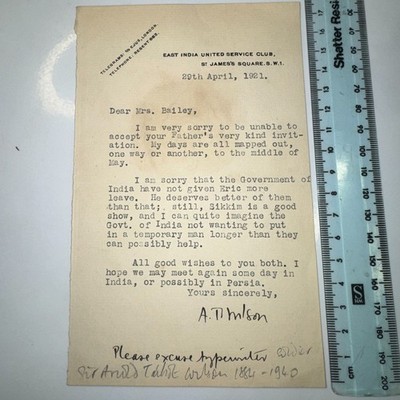Sir Arnold Wilson Soldat 1p TLS Autogramm Brief 1921 East India Service Club