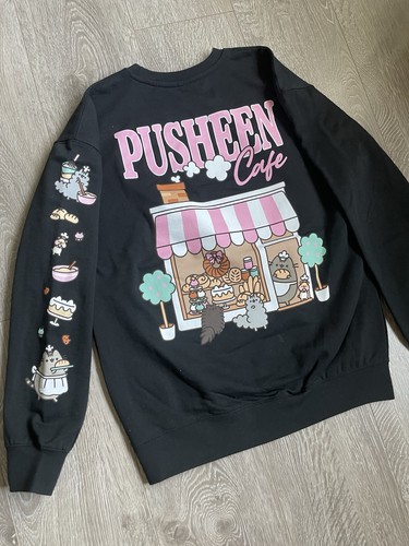 Pusheen Cafe Pull Over Sweatshirt Sweater Black Let's Bake Size M New No Tag - Picture 1 of 7
