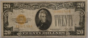 1928 $20 Gold Certificate US  Banknote Serial A13551749A Circulated