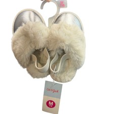 Cat Jack Slippers Girls Medium 7/8 Silver Metallic Faux Fur Elastic Strap NEW