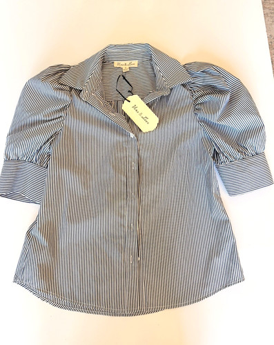 Vine & Love Striped Puff Sleeve Button Down Blouse Top White Navy NWT Size S