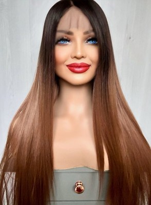 Braune Echthaar Mischung Perücke Ombre Dark Rooted Chestnut Brown
