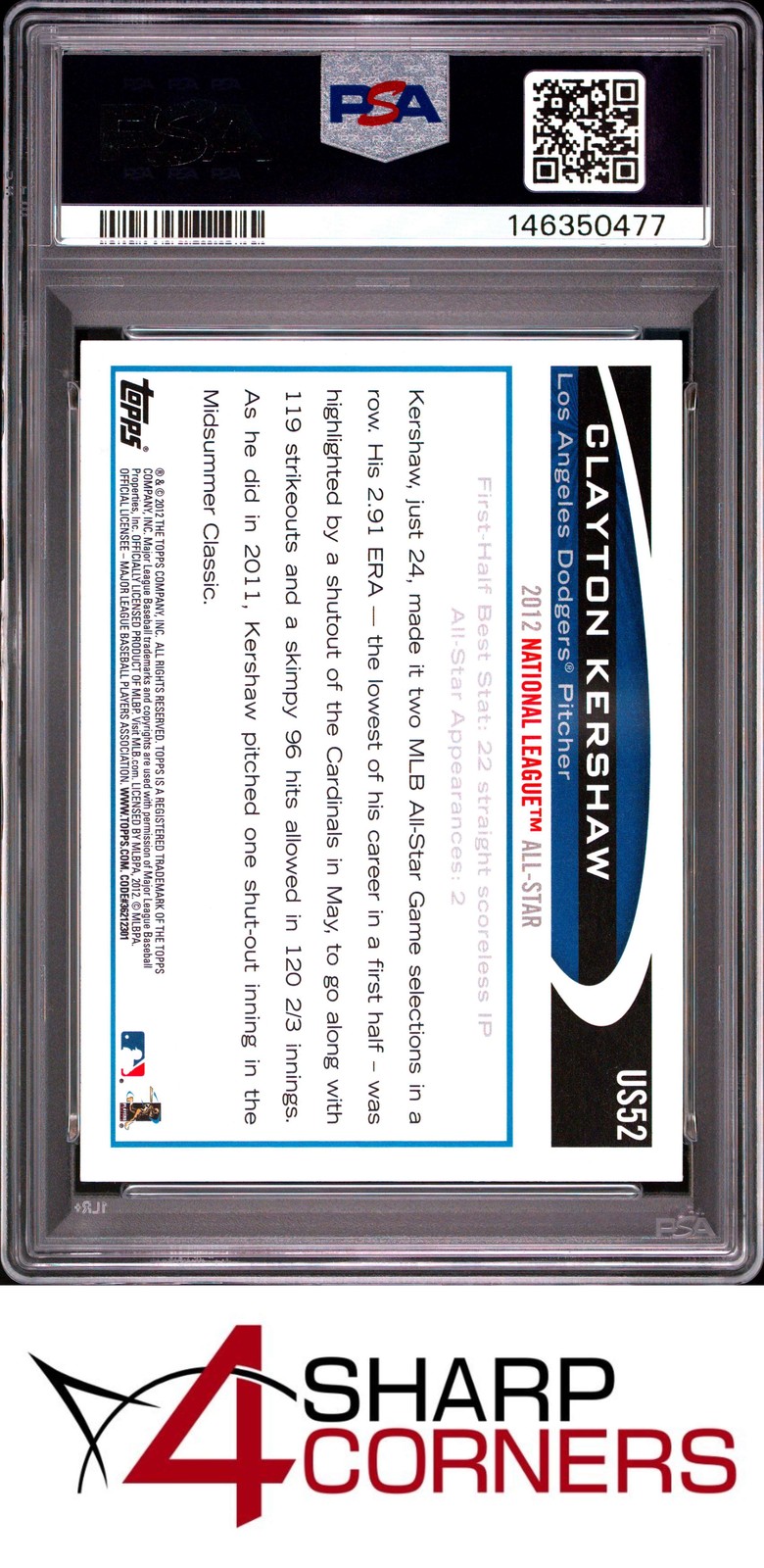 2012 TOPPS UPDATE #US52 CLAYTON KERSHAW PSA 10 view 2