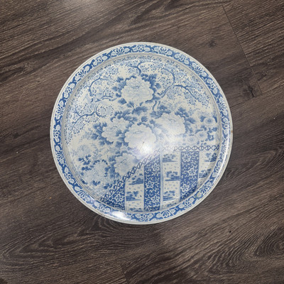Ming Dynasty Plate Reproduction Lithograph Metal Tin Blue White 13.5'' Tray