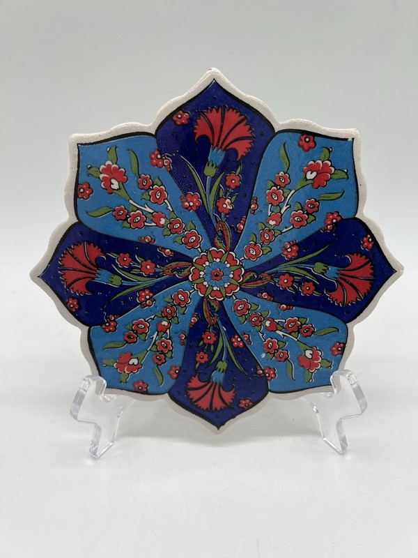 Turkish Pottery Ceramic Trivet Traditional Iznik Design Blue & Red Floral Trivet