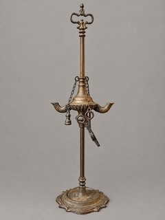 Antique Vintage Italian Florentine Brass Two Spout Lucerne Oil Lamp w/Tools Tall