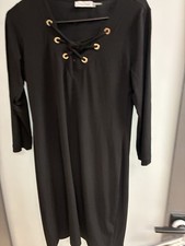 Calvin Klein Size 8 Black Lace Up Neck Long Sleeve Shift Dress Gold Grommets 