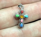 Beautiful Vintage Sterling Silver & Multi Color Stone Cross Necklace Pendant