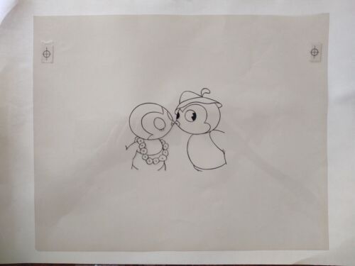 Vintage Animazione Disegno Celluloide - Love Birds / Pinguini Baciare Cappello Alpino - Foto 2 di 3