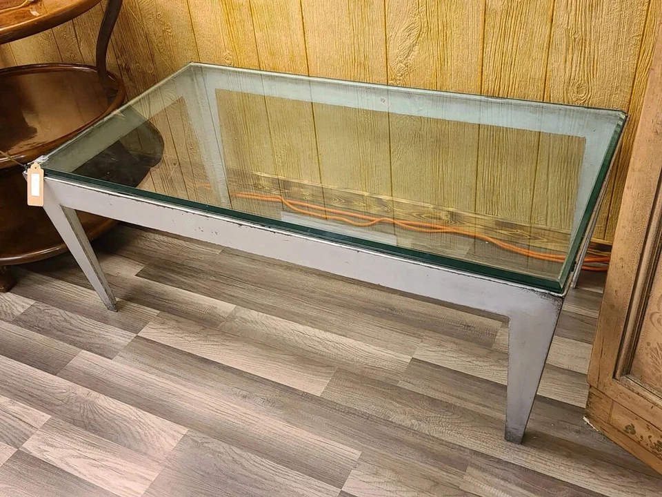 Modern Rustic Accent/Coffee Table with Glass Top and Metal Base - Image 2 of 4