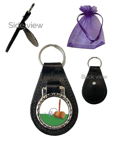 Croquet (D) Black Genuine Leather Domed Keyring - Picture 2 of 2