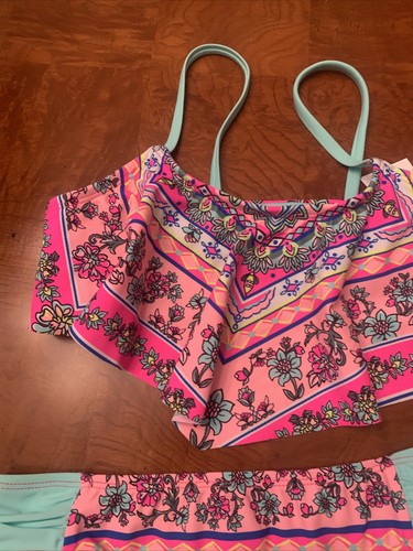 NWT-Girls Breaking Waves Multicolored 2-Piece Flounce Bikini Swimsuit-Size 12 - Picture 2 of 11