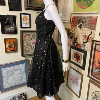 60s Vintage Gay Gibson Black and Gold Polka Dot Fit and Flare Party Dress  XS | eBay