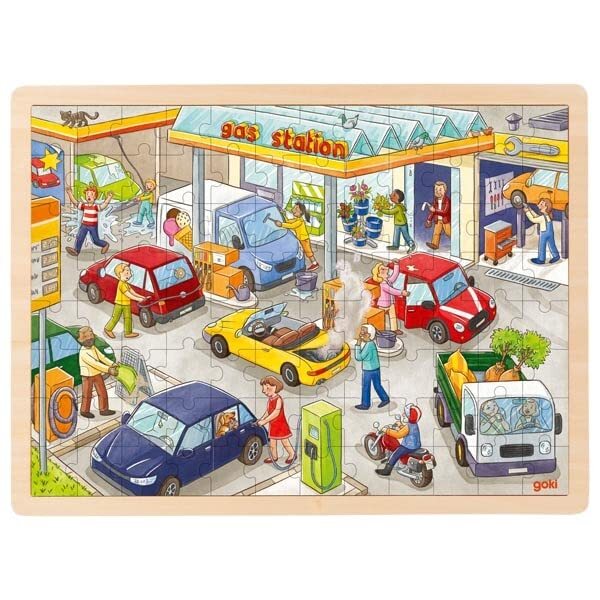goki 57337 – Inlay Puzzle Petrol Station – 96 Robust Pieces Made of Wood – Colou