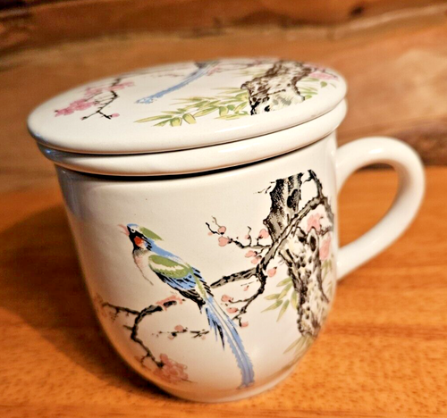 Tapa de té oriental, infusor, tapa, diseño de flor de cerezo, pájaro azul cola larga - Imagen 7 de 8