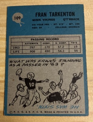 1964 Fran Tarkenton NFL HOF Philadelphia Football Card #109