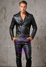 MEN'S GENUINE SOFT BLACK LEATHER JUMPSUIT CATSUIT FRONT ZIPPER OVERALL BODYSUIT