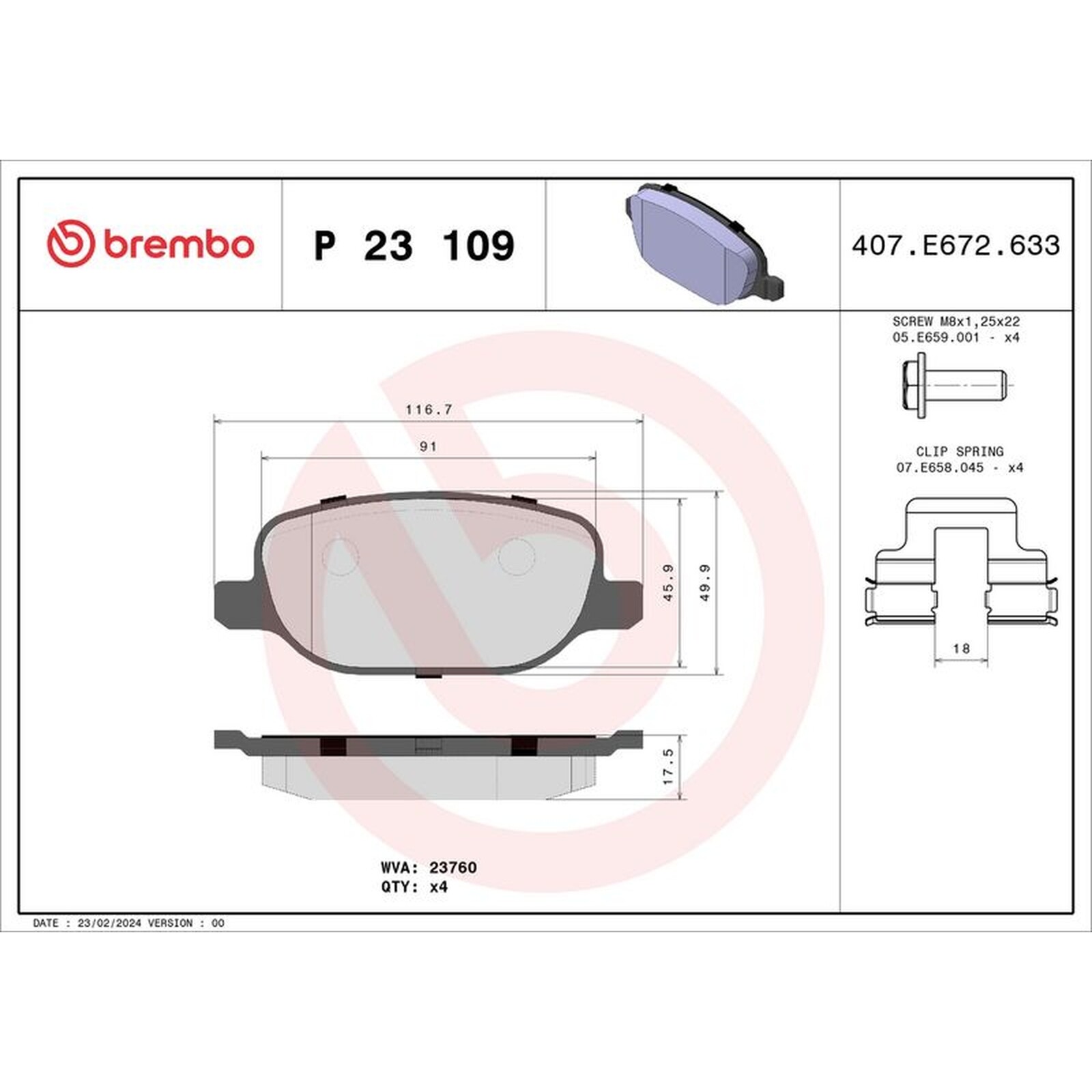 BREMBO Brake Pad Set With Brake Caliper Screws P23109 Rear Axle - OE Equivalent